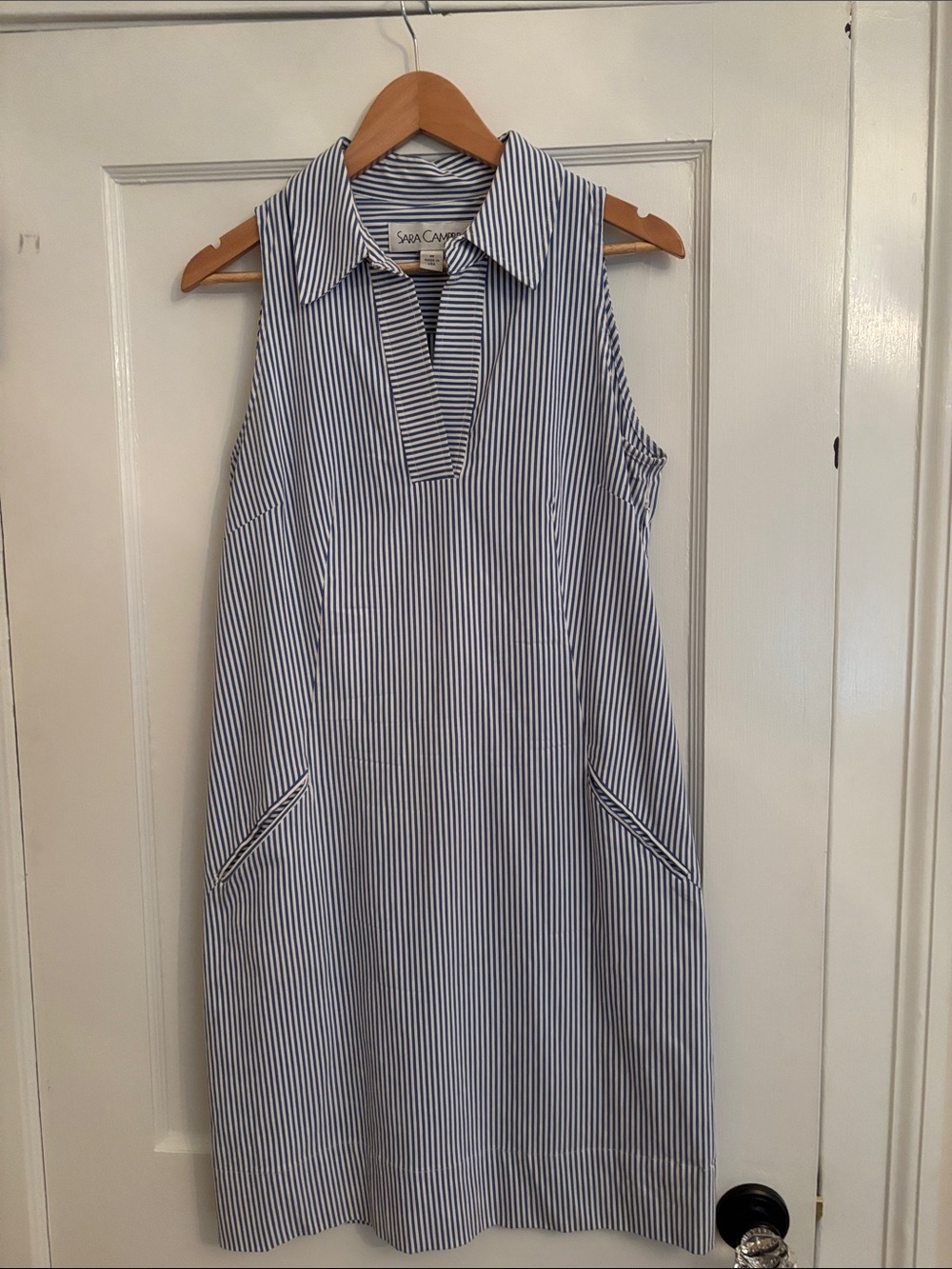 Sara Campbell Navy and White Pinstripe Sleeveless Shift